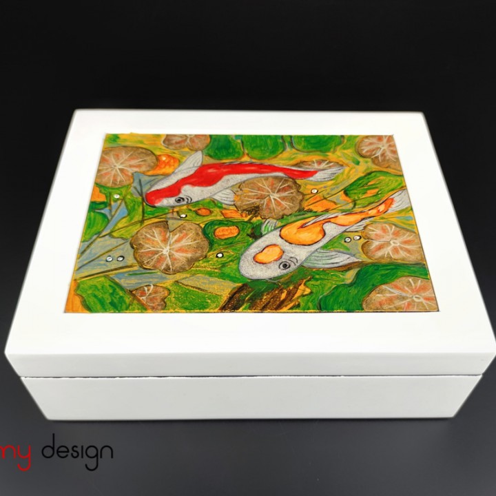 White rectangle lacquer box hand-painted with fish 20*25*H8 cm